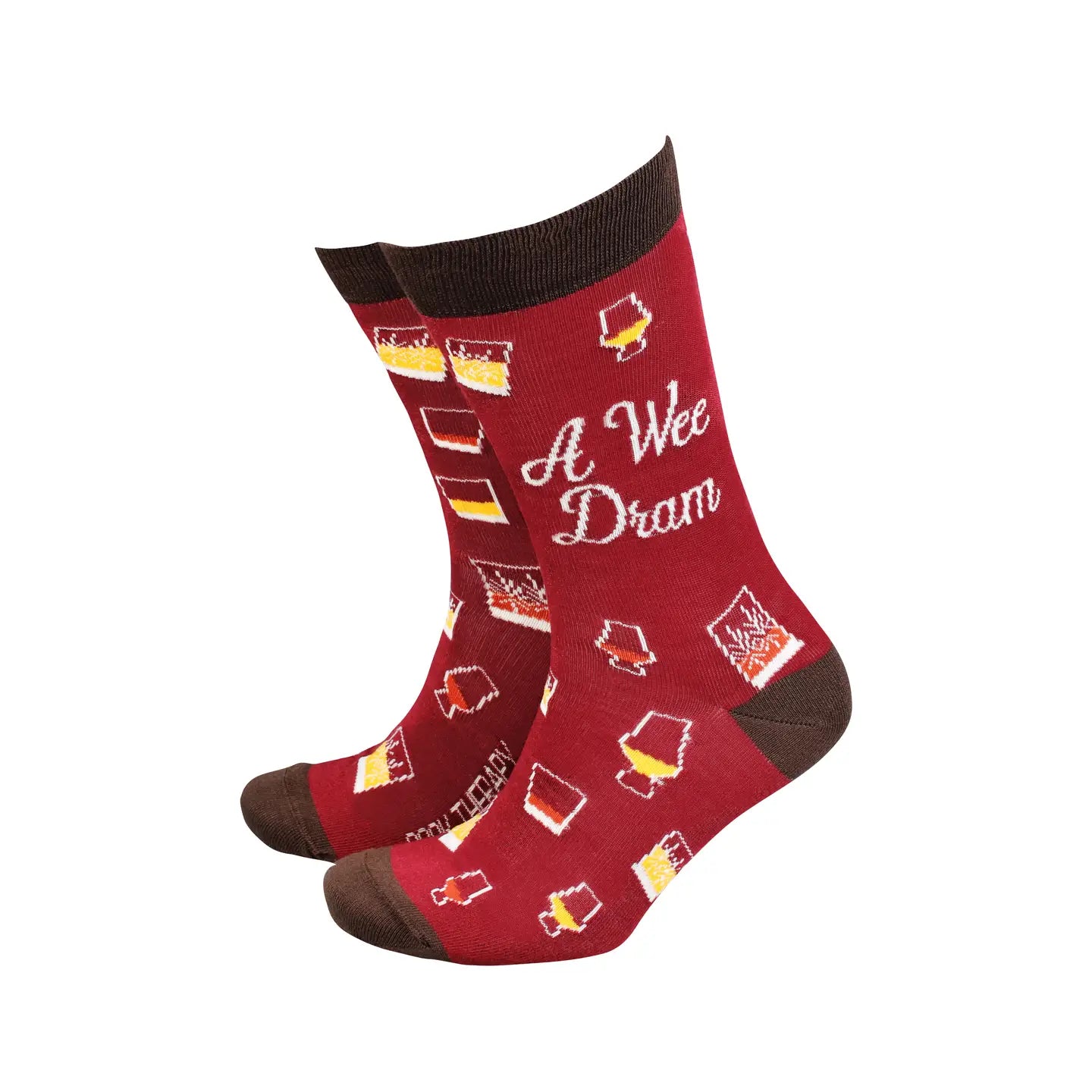 A Wee Dram burgundy bamboo socks with whisky pattern, a fun gift for Dad