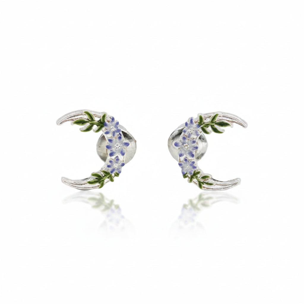 Nightshade Moon silver stud earrings by Fable England, front view product shot
