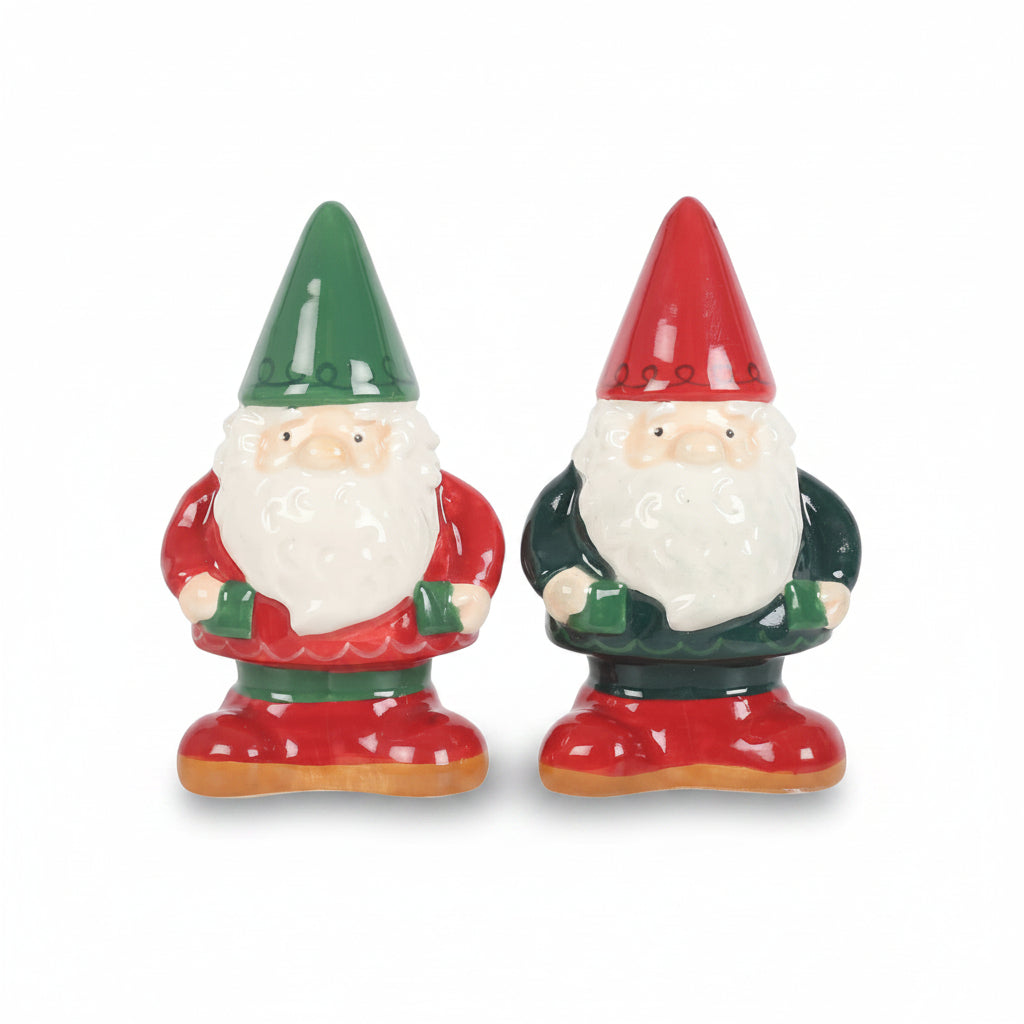 Front view of hand-painted ceramic gnome shakers
