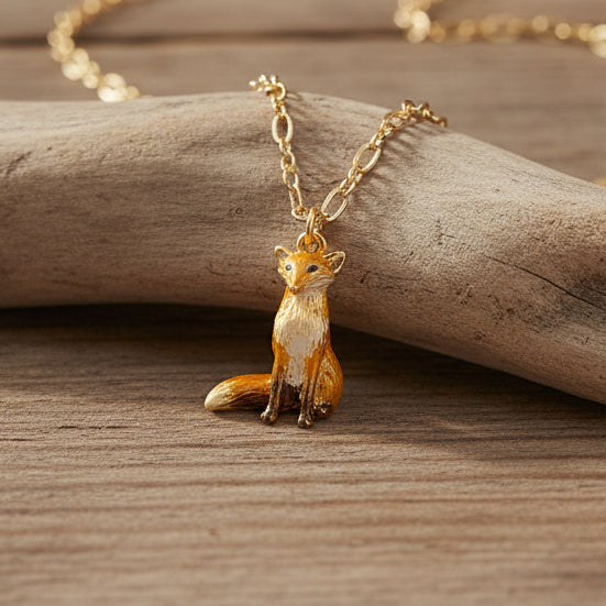 Fable England enamel fox short necklace presented in its matchbox gift packaging
