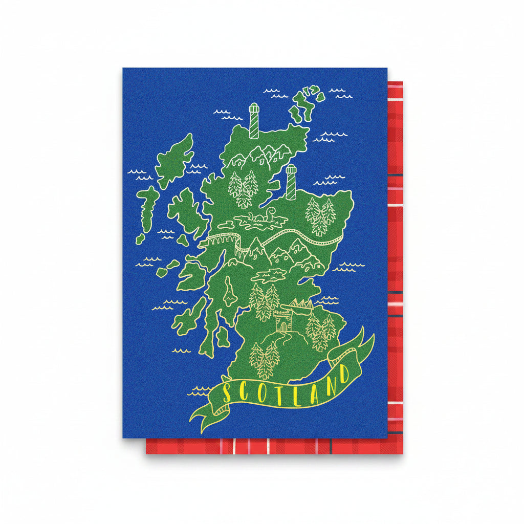 Foiled map of Scotland on a blue card with a red tartan envelope