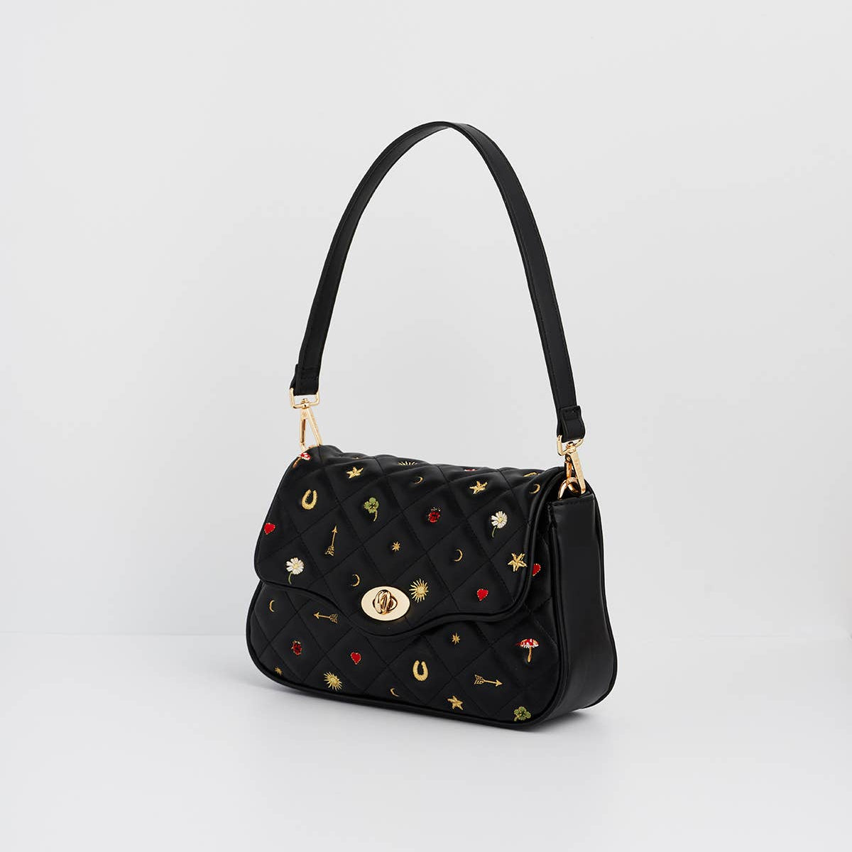 Black Quilted Motif Embroidered Crossbody back view showing quilted pattern detail