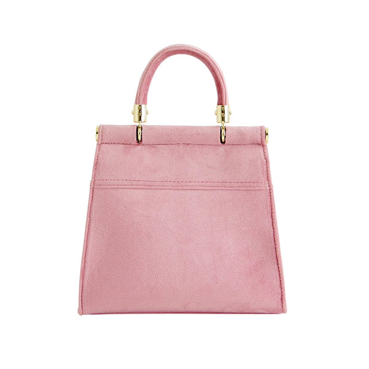 Back view of pink velvet mini tote on grey background