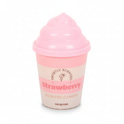 Strawberry ice cream candle with pink swirl lid on white background