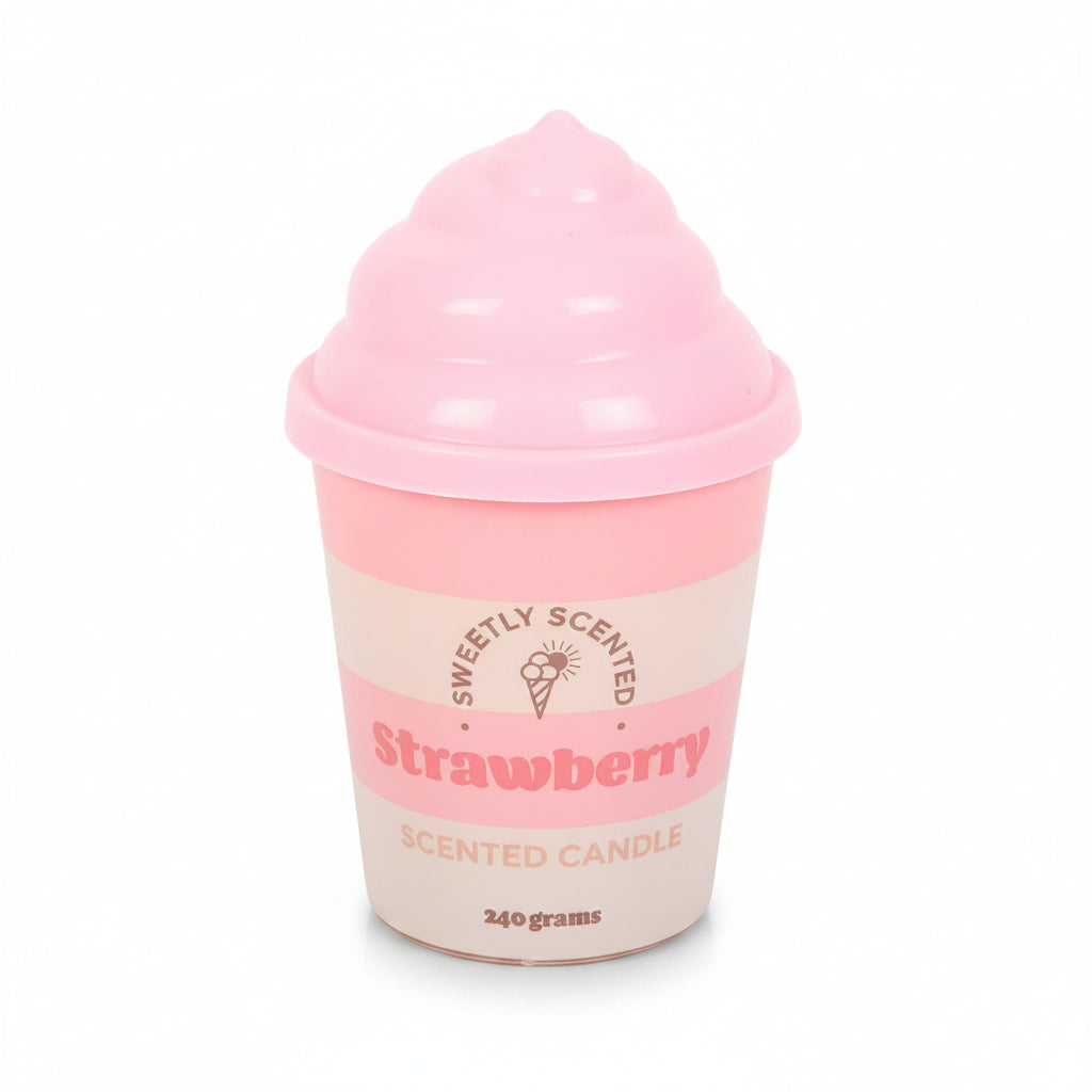 Strawberry ice cream candle with pink swirl lid on white background