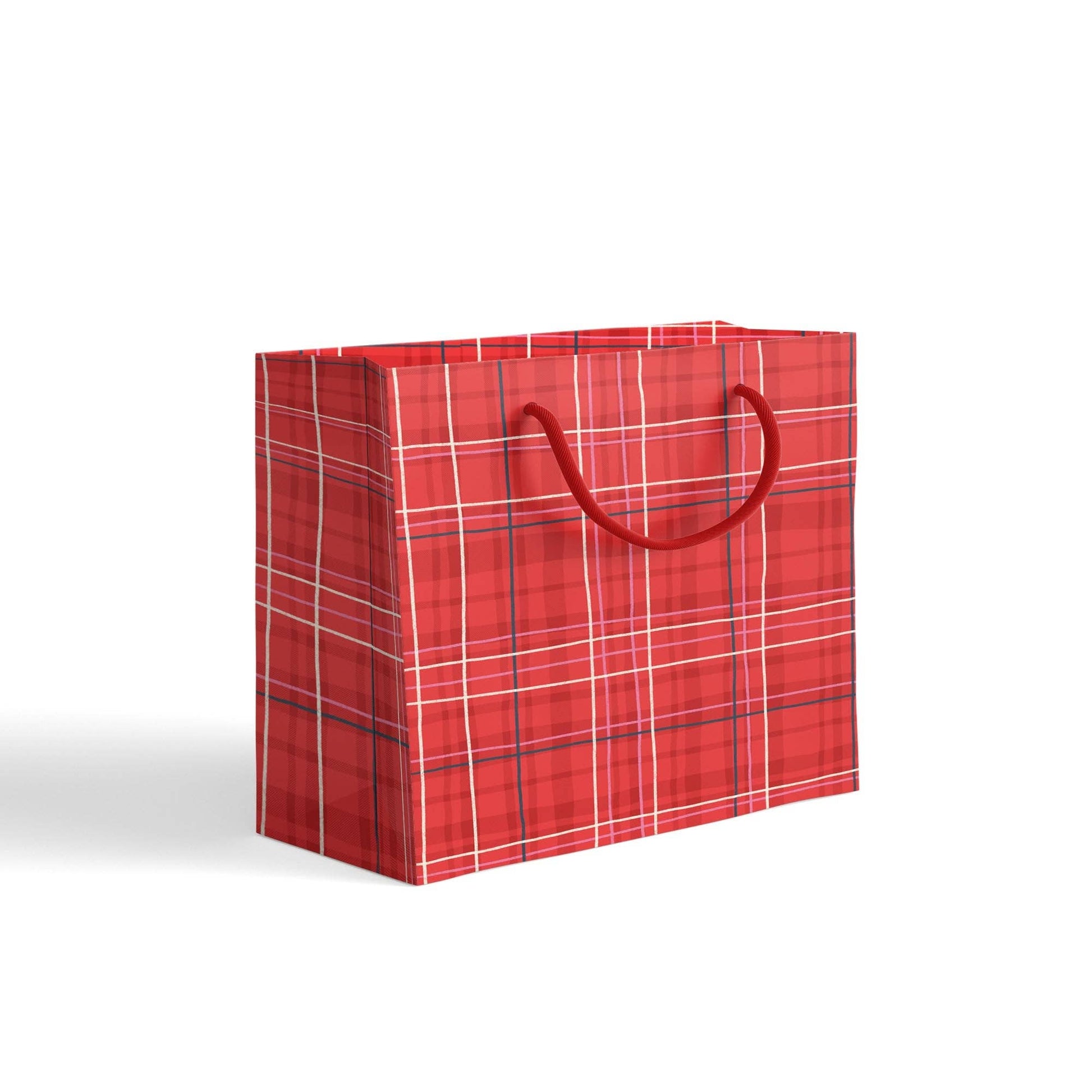 Small red tartan gift bag with rope handles on a white background