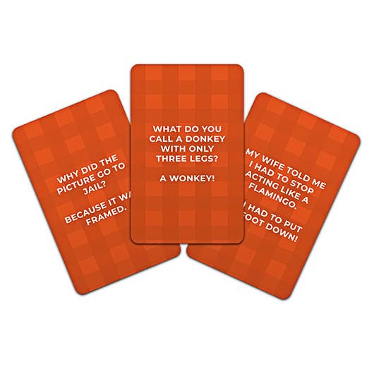 Three Dad Jokes cards fanned out showing printed one-liner jokes