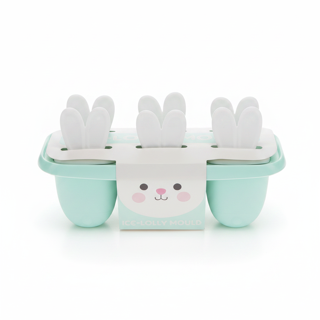 A mint green and white ice lolly mold with bunny ears, featuring a cute bunny face on the front label.