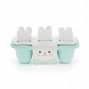A mint green and white ice lolly mold with bunny ears, featuring a cute bunny face on the front label.
