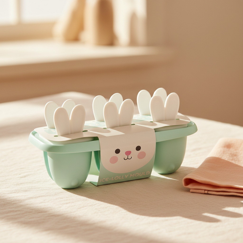 A pastel mint green and white bunny-themed ice cube tray set on a warm beige fabric surface with soft sunlight and shadows. The tray has three bunny-ear-shaped compartments and a cute printed front label.