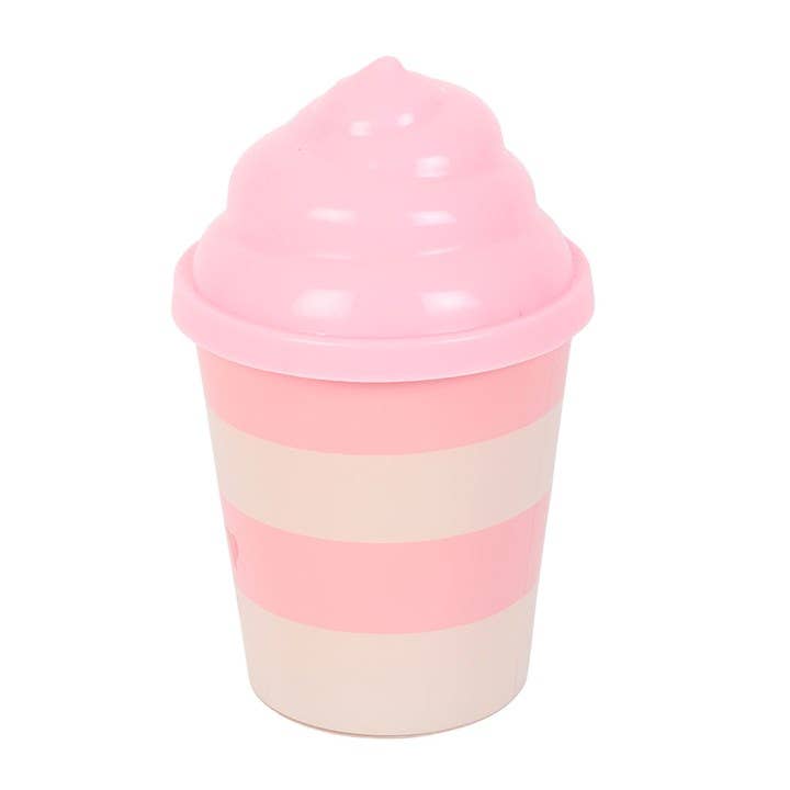 Strawberry scented candle with pink swirl ice cream lid on white background