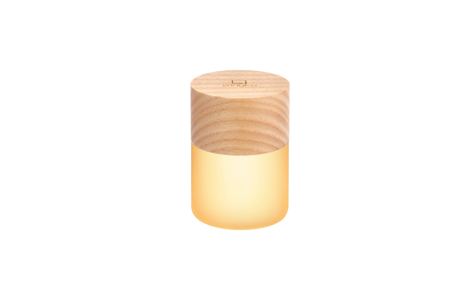 Lemelia mini light with pale wood top glowing warm white on white background