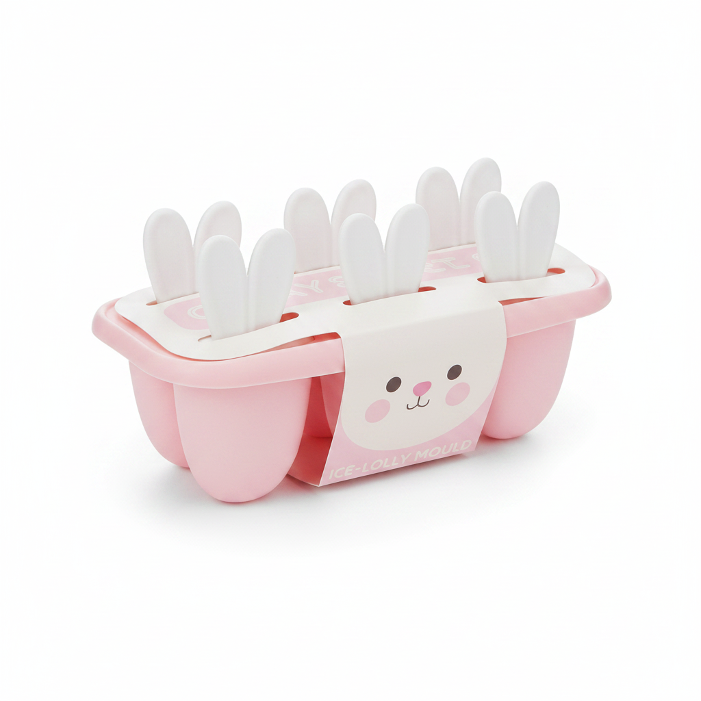 A pink and white plastic ice cube tray designed for bunnies, featuring bunny ears on the top and a cute bunny face on the front carrier, with the brand name 'ICE LOLLY MOULD' printed on the front.