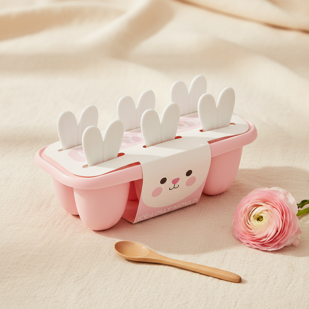 Pink bunny-ear ice lolly mould, spare copy for lifestyle.