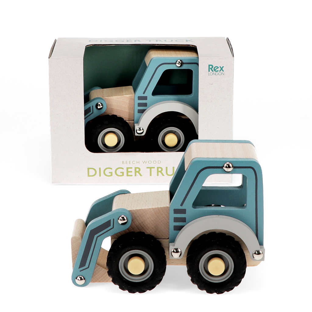 Blue wooden push-along digger truck toy, front view.