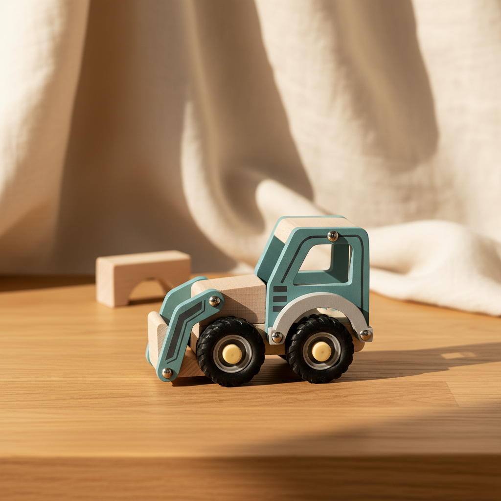 A wooden toy digger truck made of natural beech wood with a light blue painted cab and gray wheels, shown in front of its white retail box. The box has a window displaying the truck inside and reads 'Rex London' and 'Beech Wood Digger Tru'.