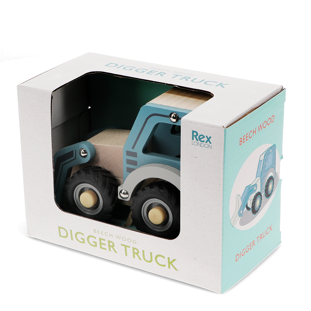 Blue wooden digger truck toy, side view showing arm.