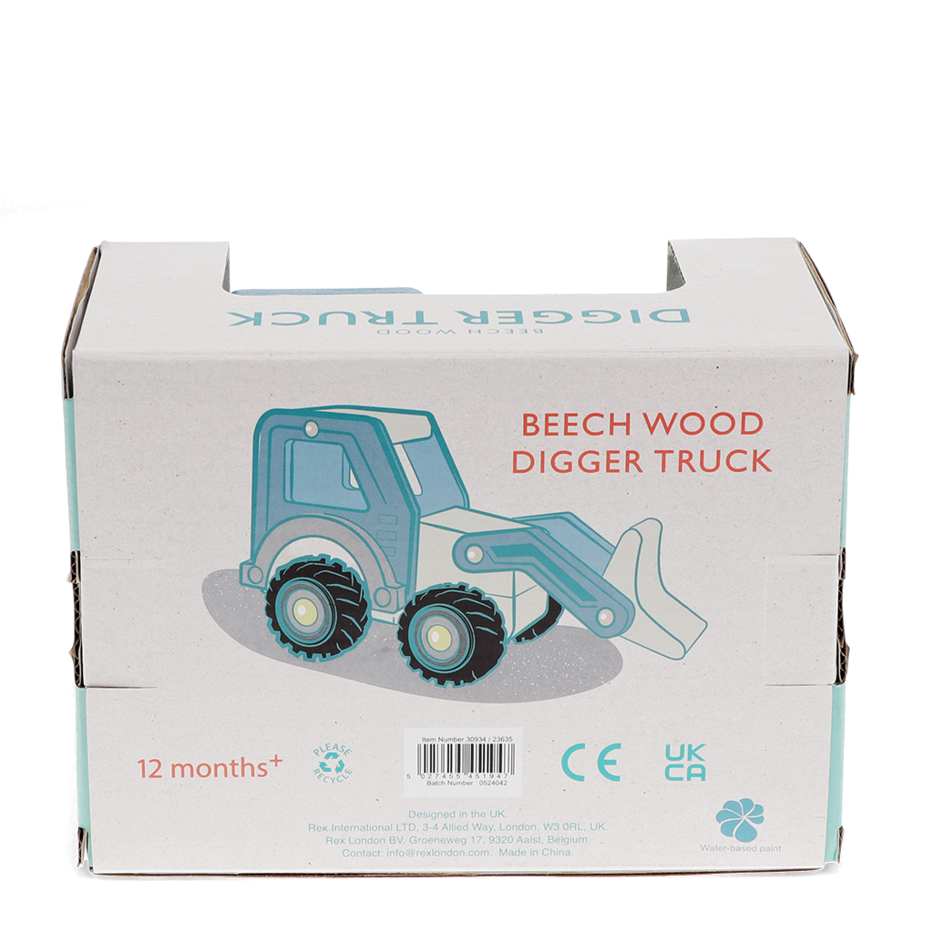 Blue wooden digger truck toy, rear view.