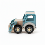 A wooden toy excavator truck with a light natural wood body, teal blue painted cab and arm, gray wheels, and black tires, shown on a white background.