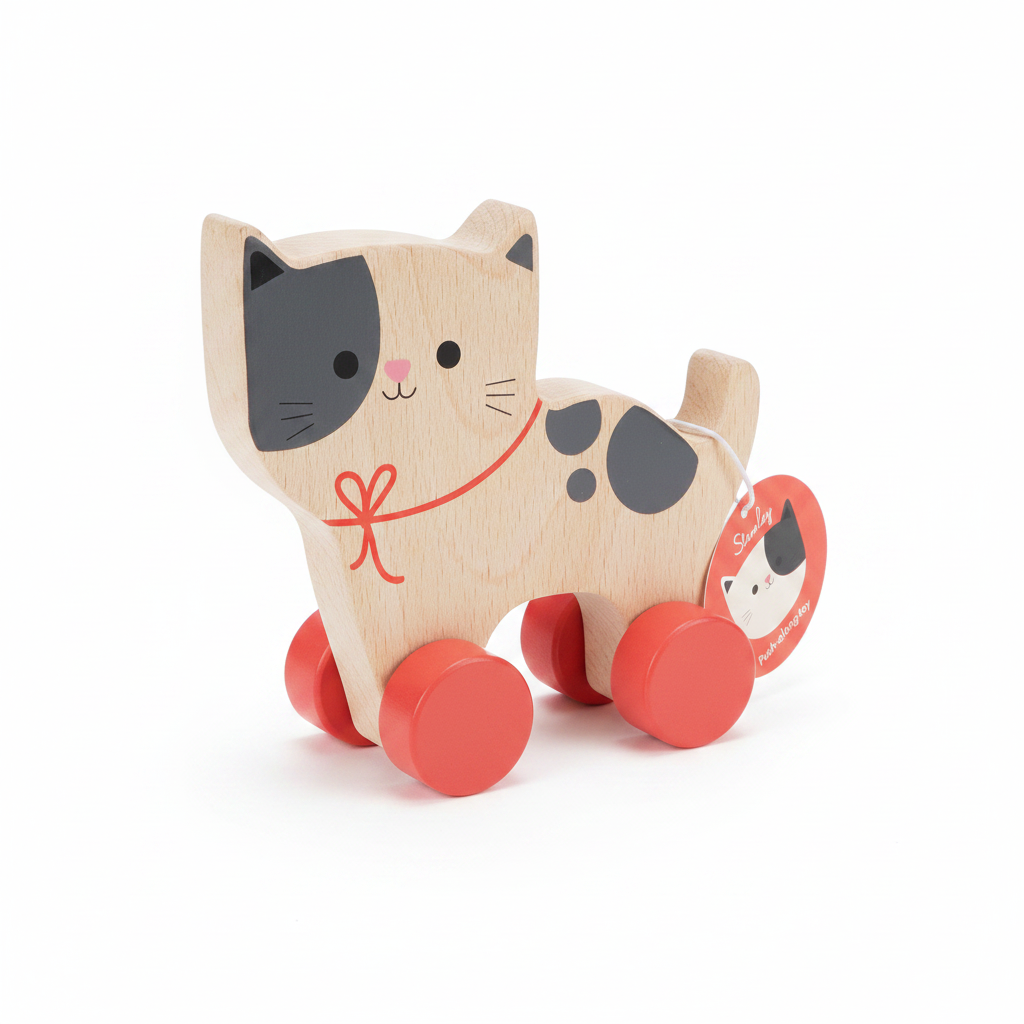 A wooden pull-along toy cat with a natural wood body, black painted face and spots, a red collar with bow, and red wheels. A round red hangtag shows the Stanley brand and the product name.