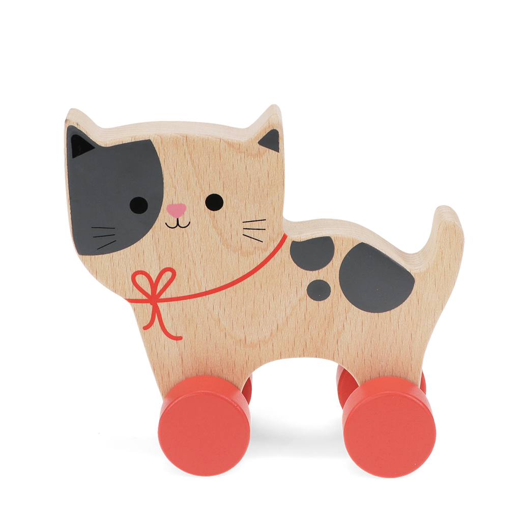 Wooden push-along cat toy, angled side view.