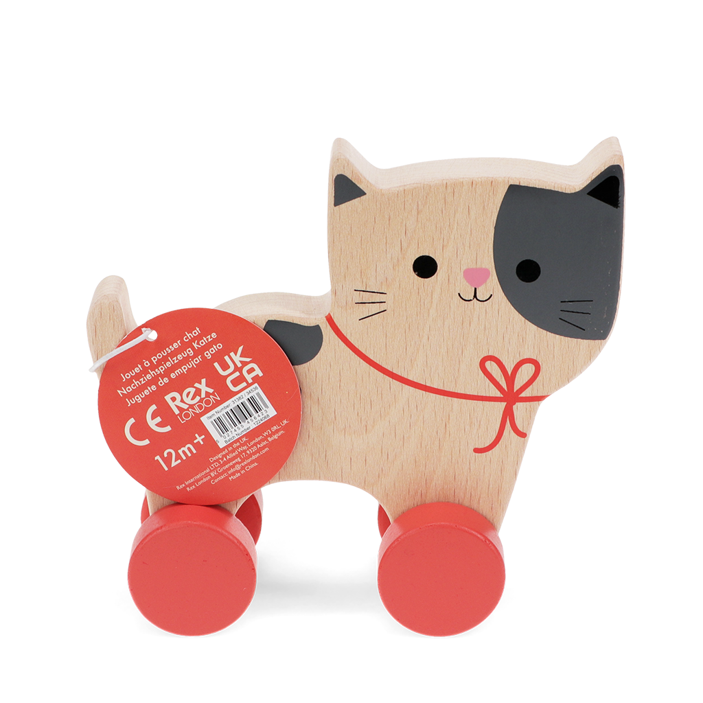 Wooden push-along cat toy with printed swing tag.