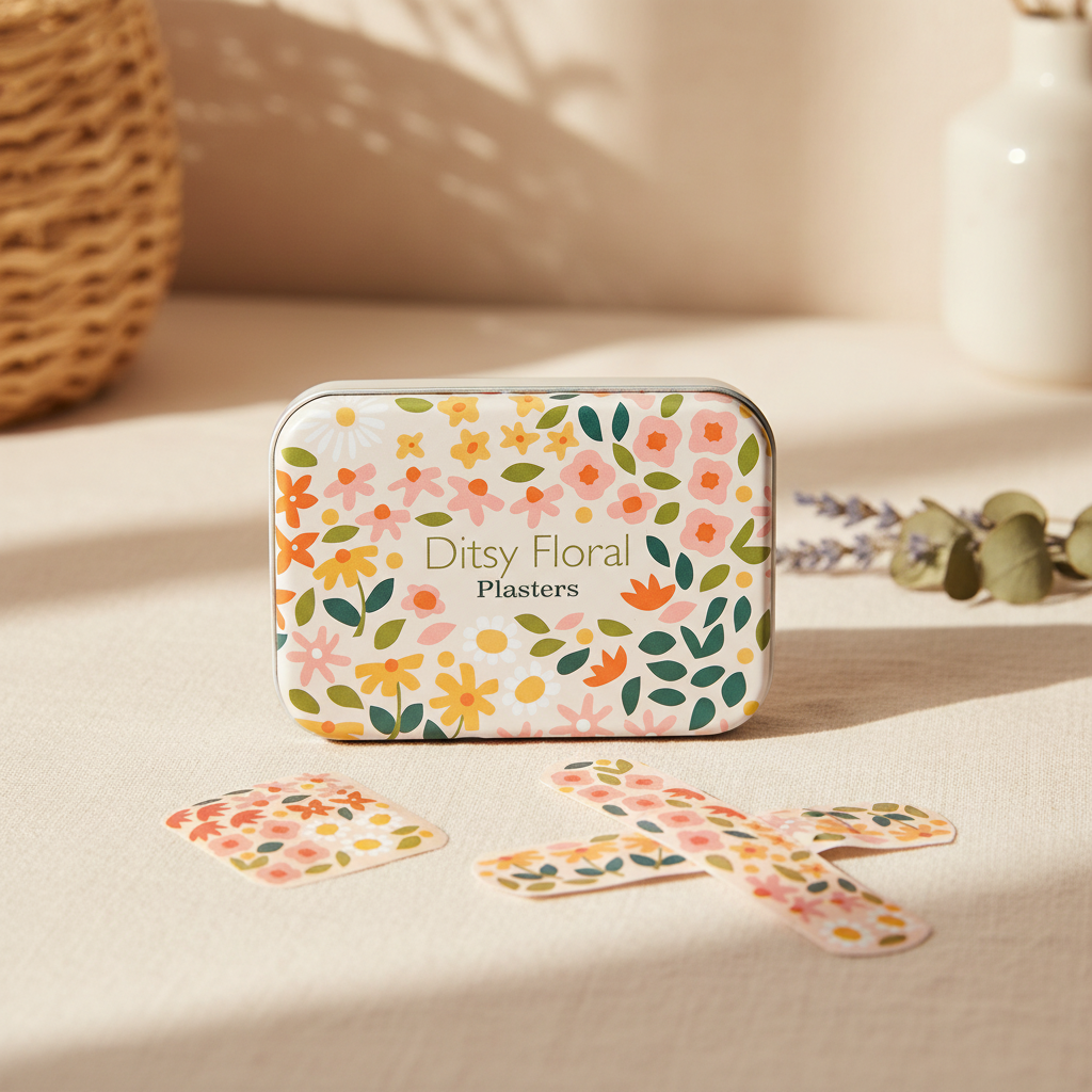 Ditsy Floral Plasters set shown with a rectangular tin and three individual square bandages, all decorated with a colorful floral pattern on a white background.