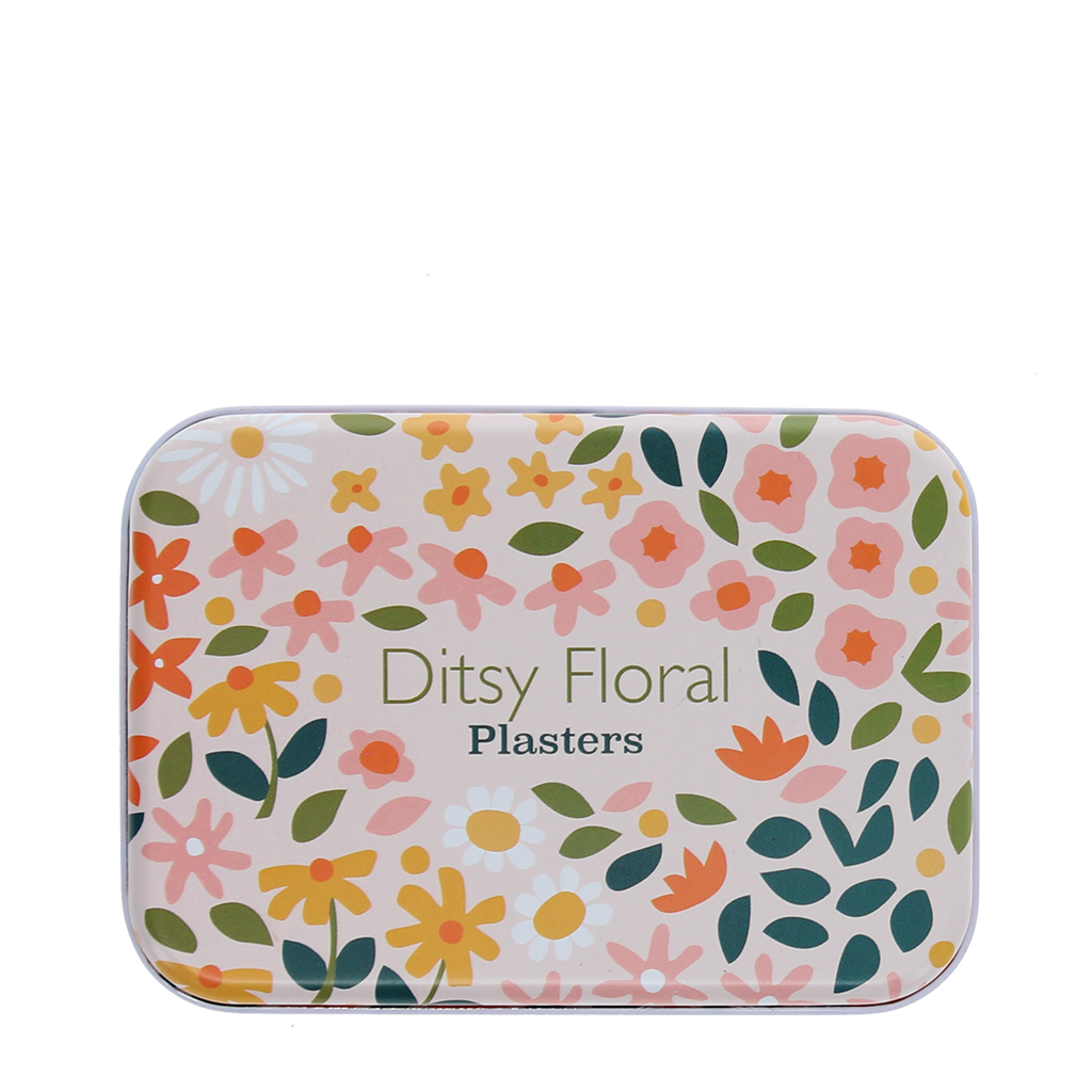Reusable ditsy floral plasters tin, close-up of design.