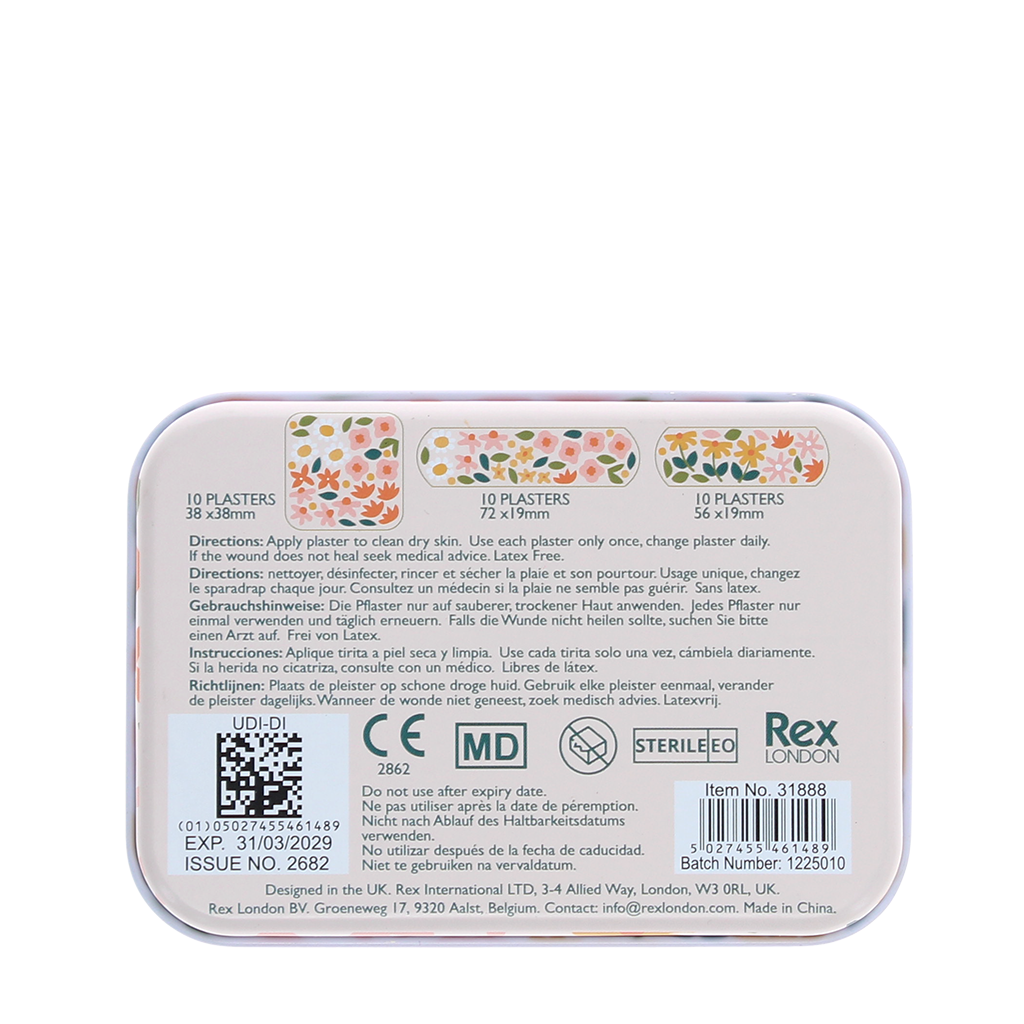 Reverse of ditsy floral plasters tin showing product information.