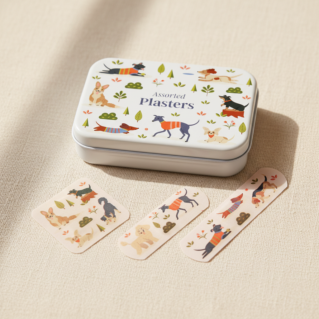 A tin of Assorted Plasters with three bandages displayed below, all decorated with a whimsical pattern of different dog breeds in colorful sweaters, trees, and flowers on a white background.