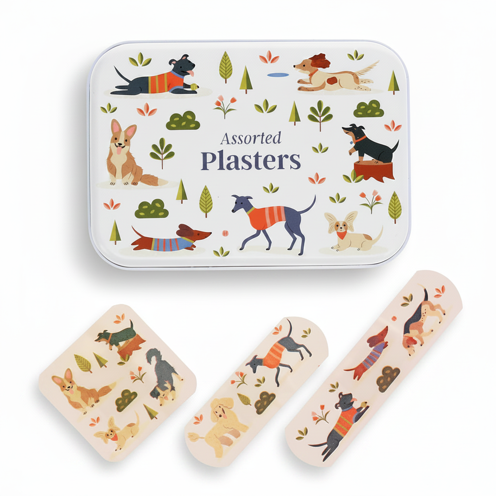 A tin of Assorted Plasters with three bandages displayed below, all decorated with a whimsical pattern of different dog breeds in colorful sweaters, trees, and flowers on a white background.