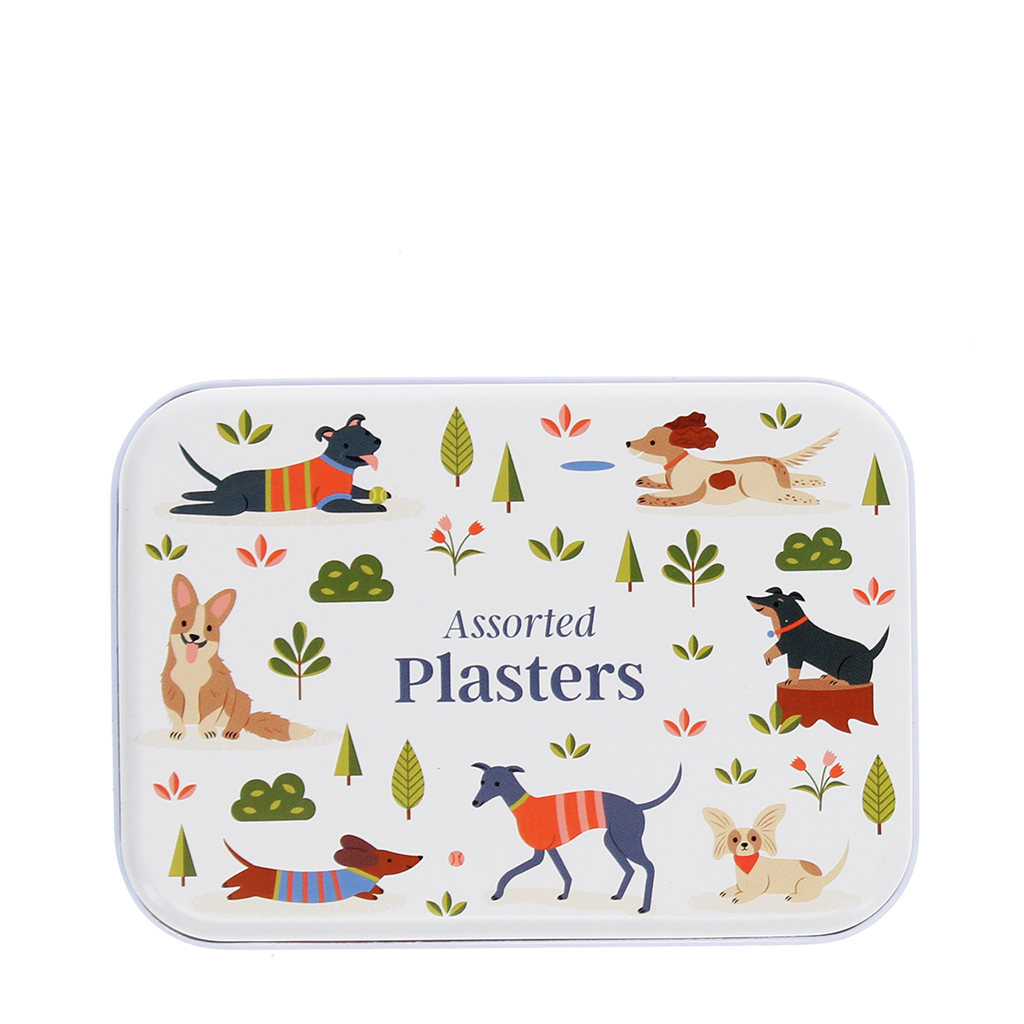 Reusable dog park plasters tin, close-up of illustrated design.