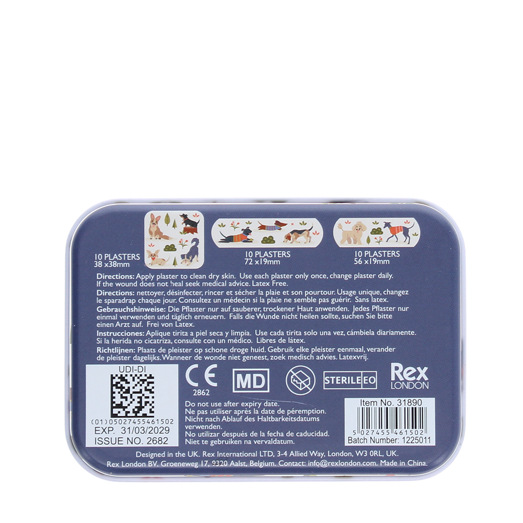 Reverse of dog park plasters tin showing product information.