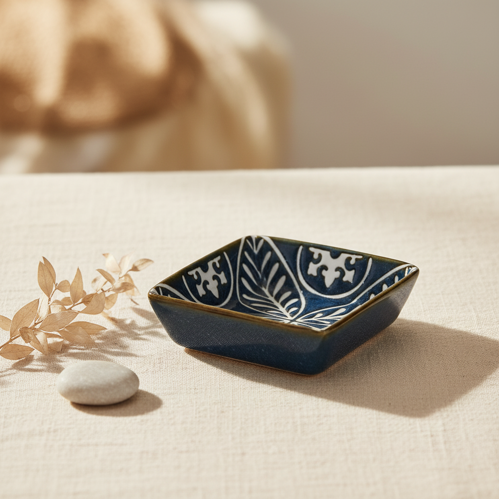 Navy square ceramic dipping bowl with white leaf pattern, styled on linen.