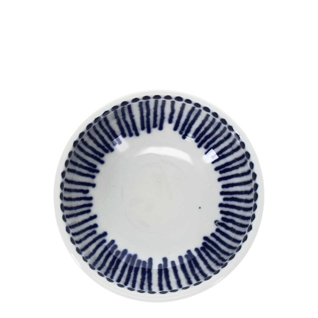 White round ceramic dipping bowl, blue line detail, white background.