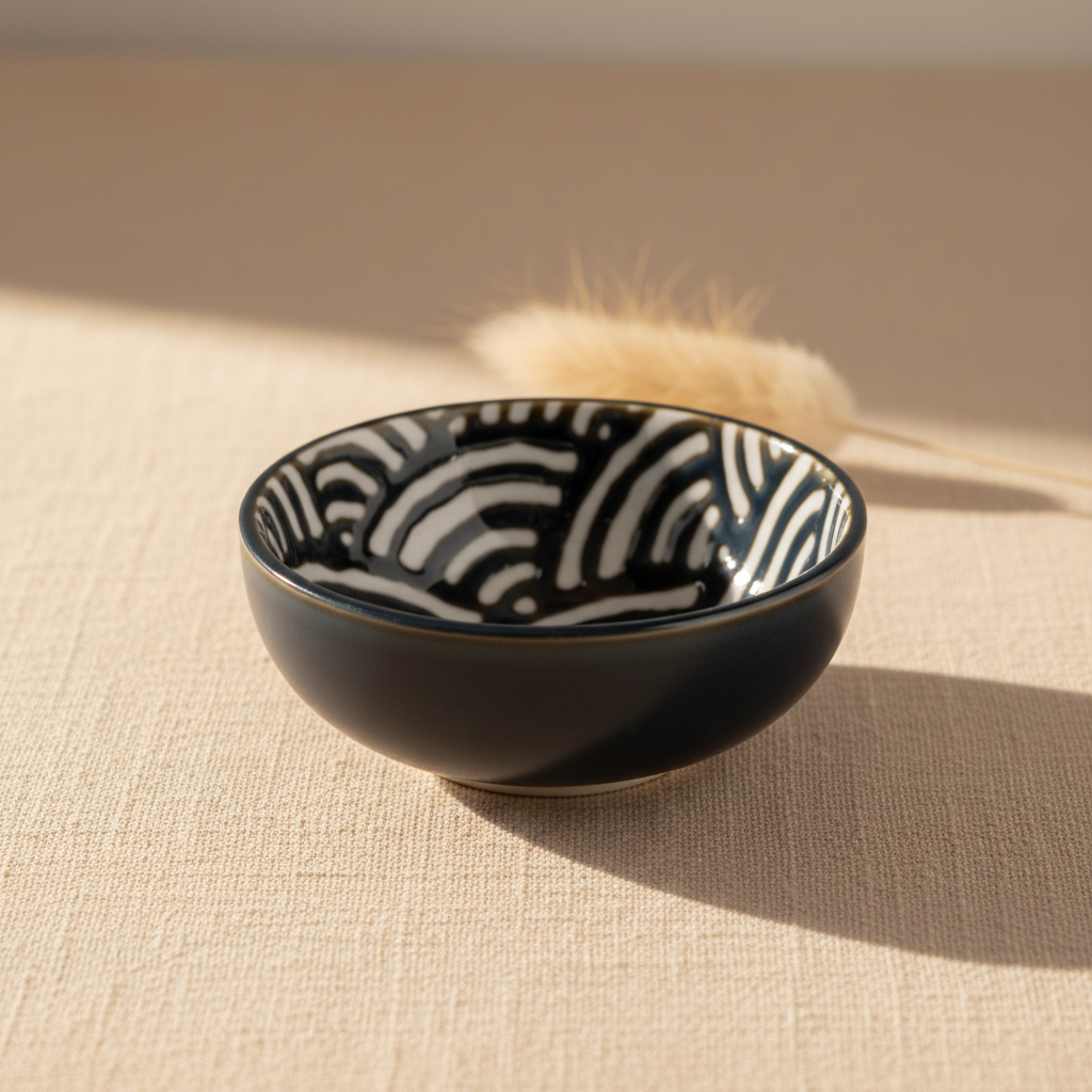 A small ceramic bowl with a glossy dark navy blue exterior and a white interior decorated with a black zebra-like wavy pattern, set against a plain white background.