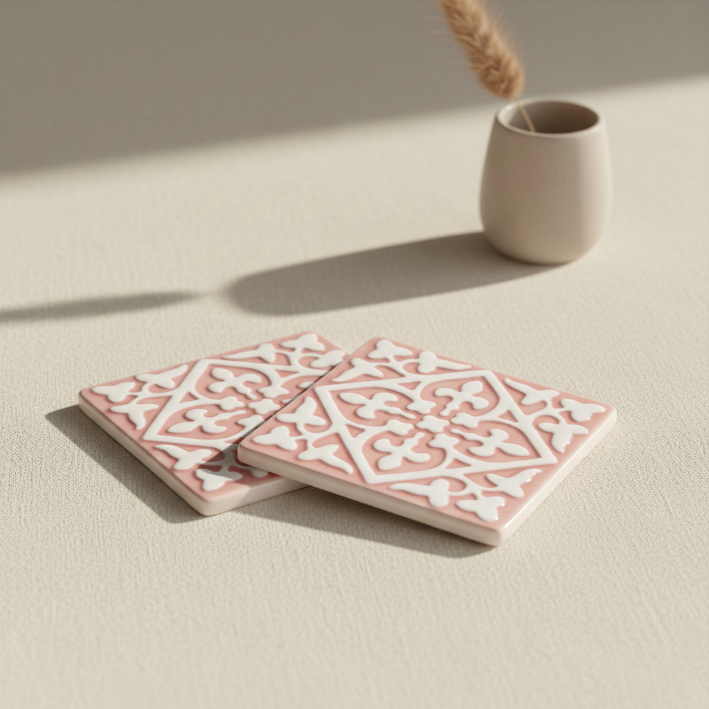 Two square pink decorative tiles with a raised white geometric and floral pattern, shown overlapping on a white background.