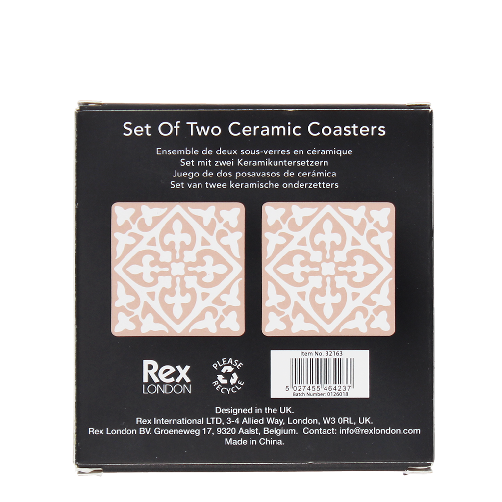 Pink tile coasters set of two boxed in printed gift packaging.