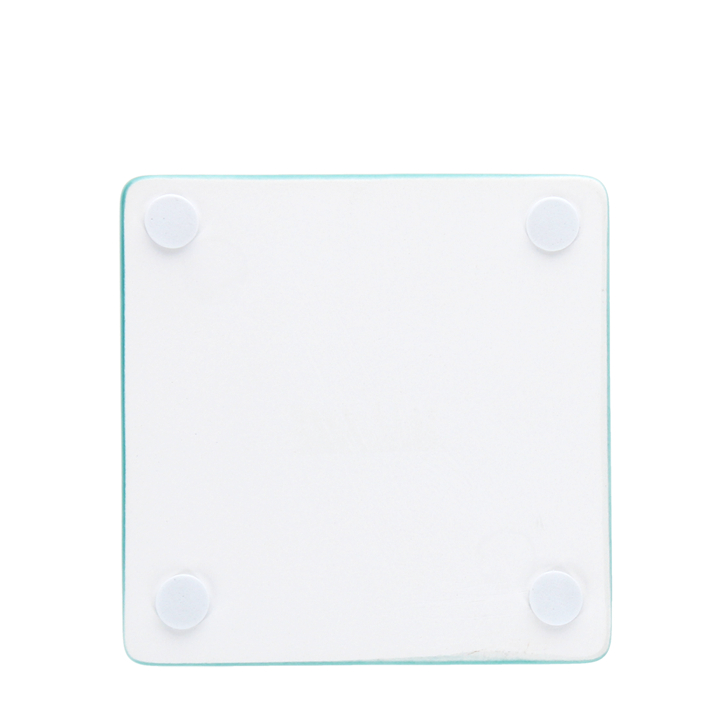 Reverse of turquoise tile coaster showing four corner foam pads.