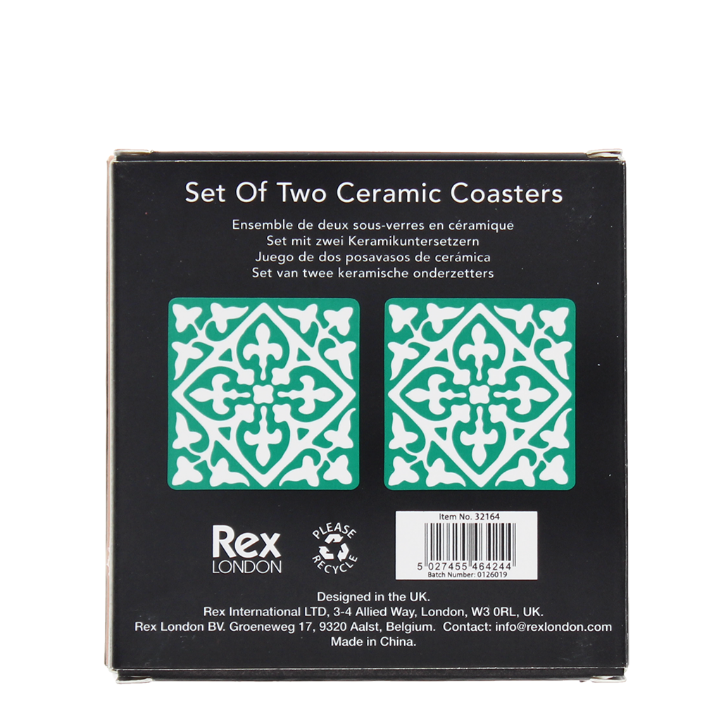 Turquoise tile coasters set of two boxed in printed gift packaging.