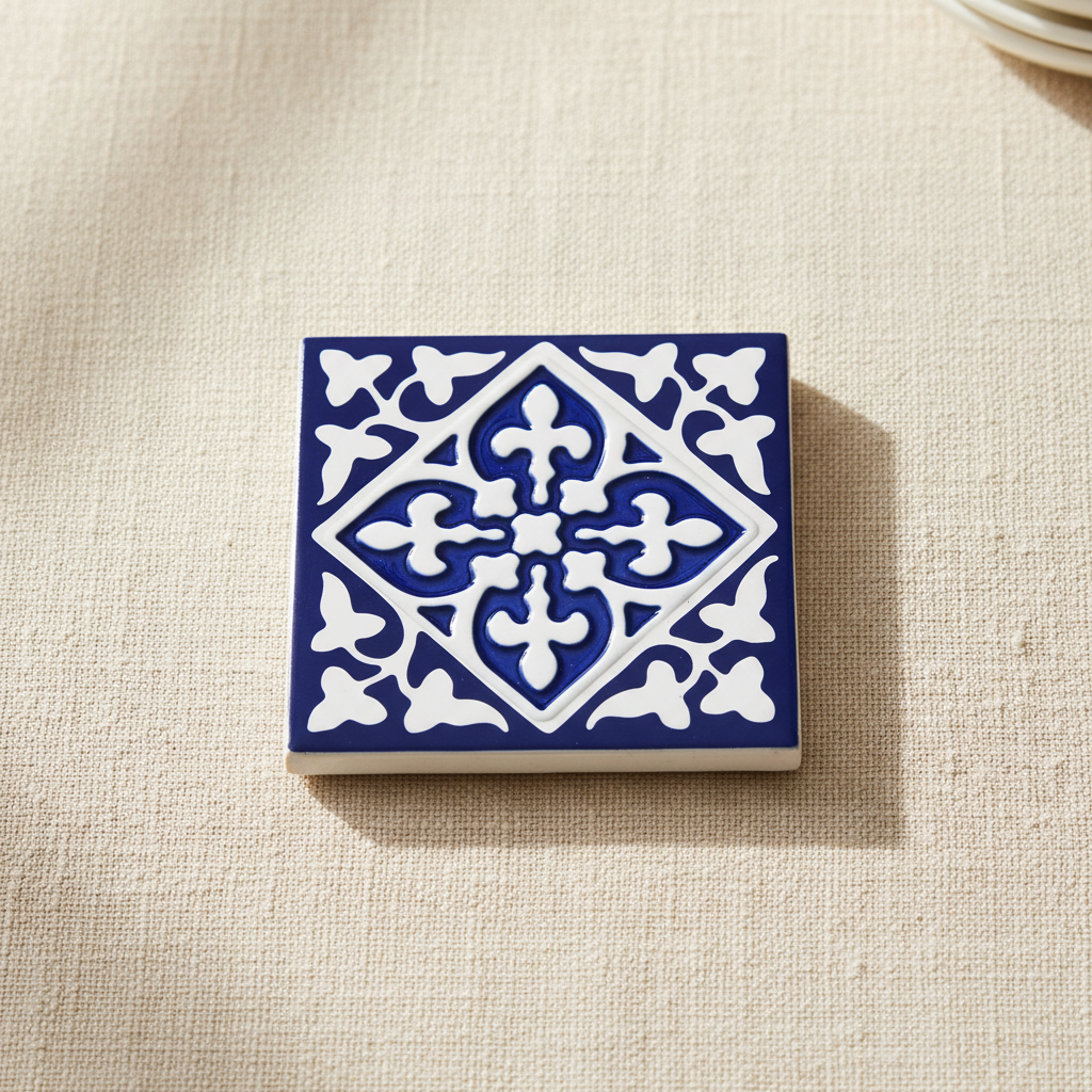 Single navy blue embossed tile coaster with ornate white pattern.
