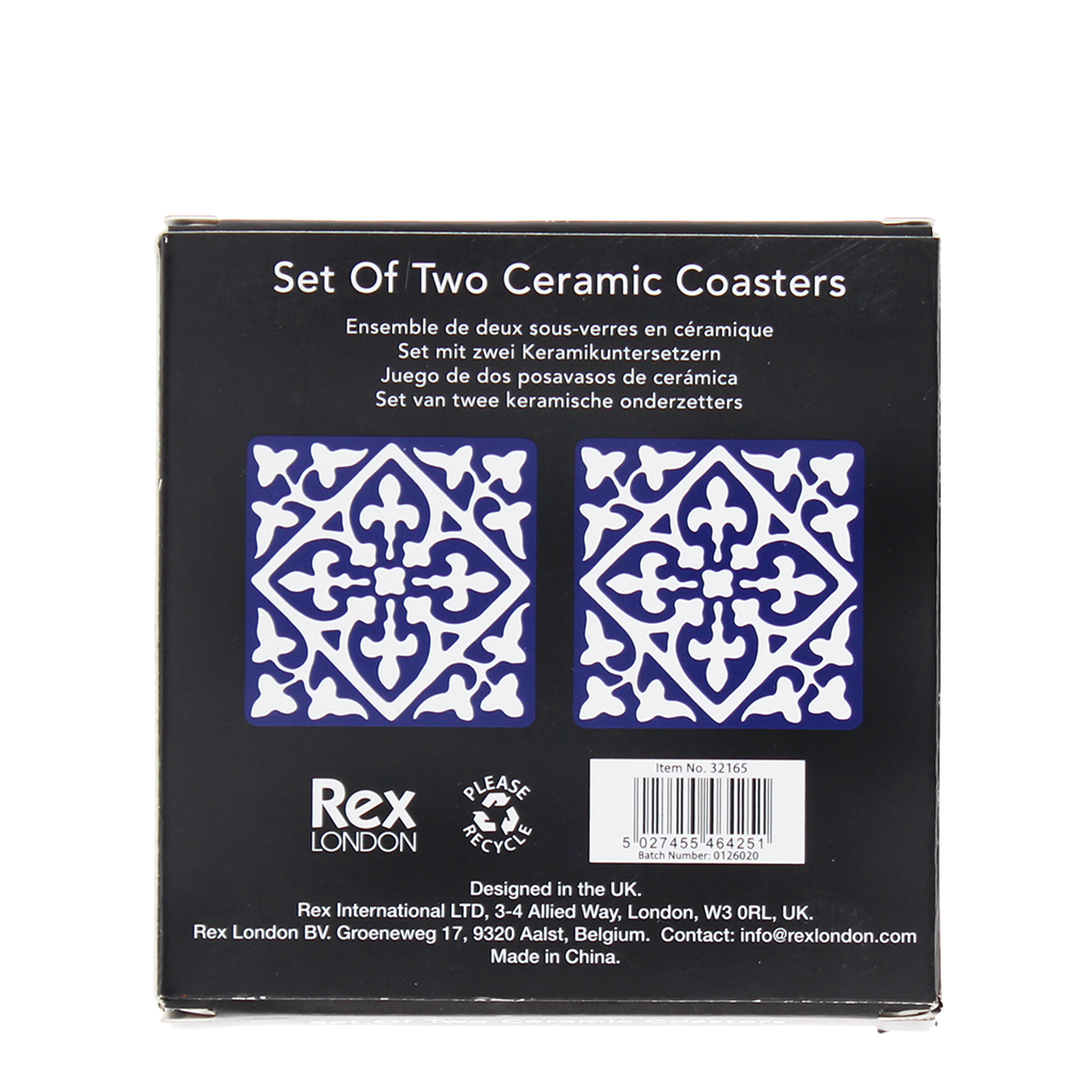 Navy tile coasters set of two boxed in printed gift packaging.