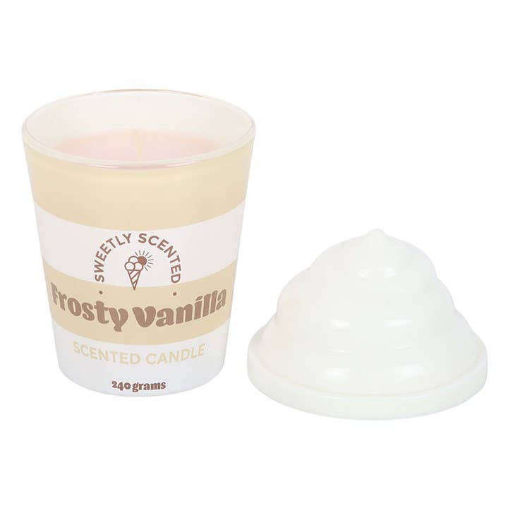 Frosty Vanilla candle with lid off showing cream wax
