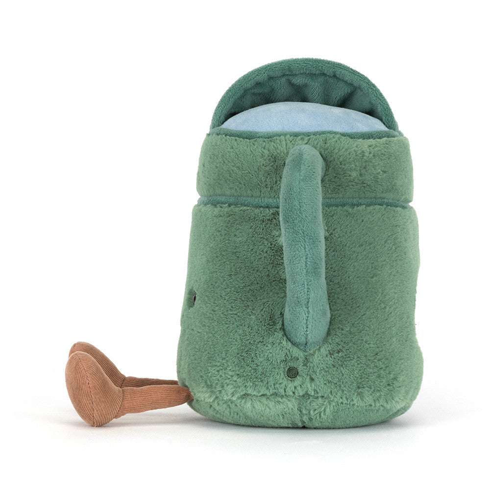 Jellycat watering can side view showing handle and blue water detail