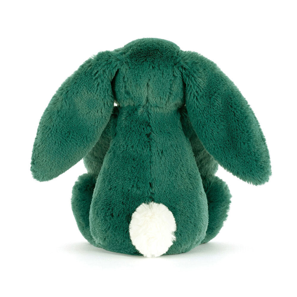 Back view of Jellycat Bashful Teal Bunny Little plush with teal fur and bobtail.