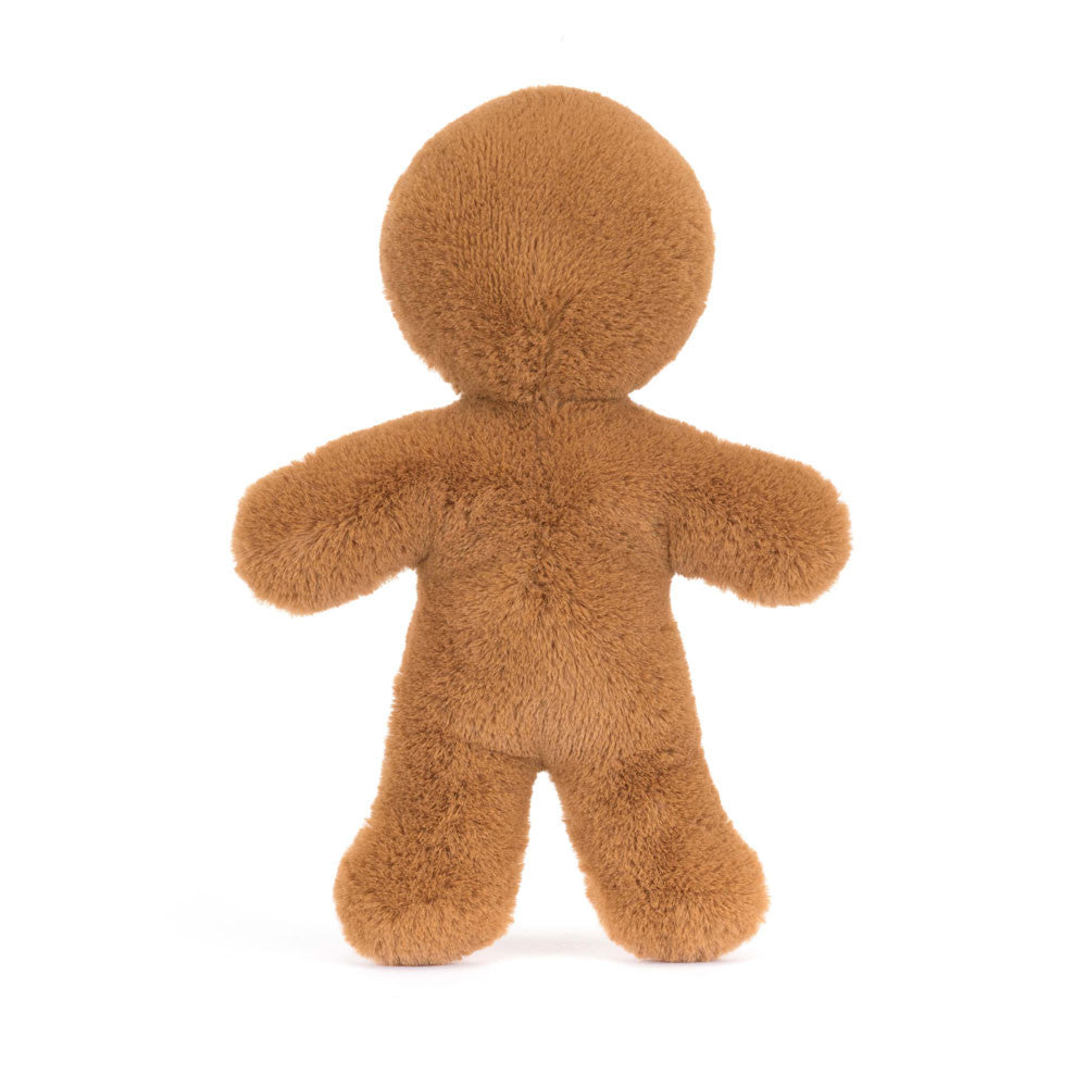 Back view of Jellycat Jolly Gingerbread Fred soft toy showing smooth brown plush fabric.