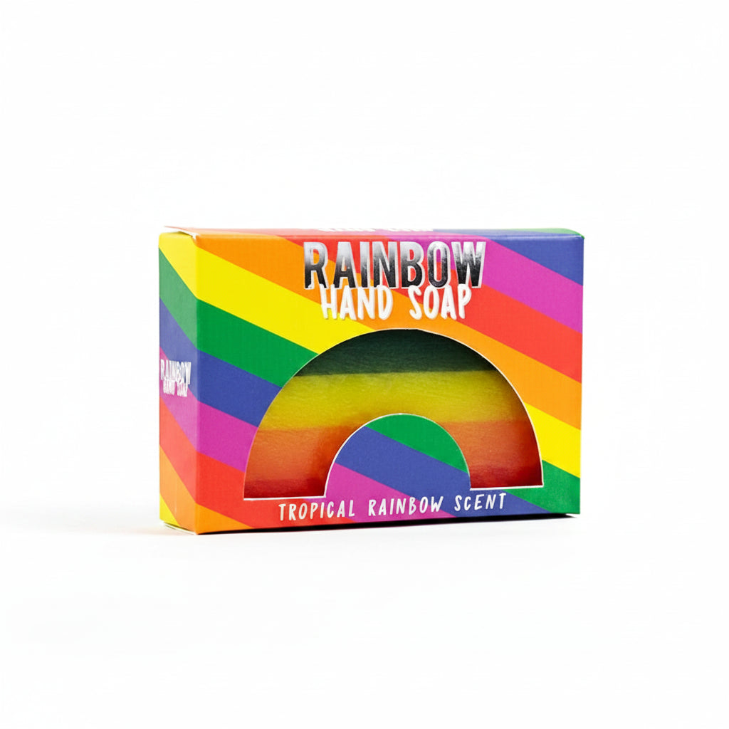 Boxed rainbow hand soap with tropical rainbow scent packaging.
