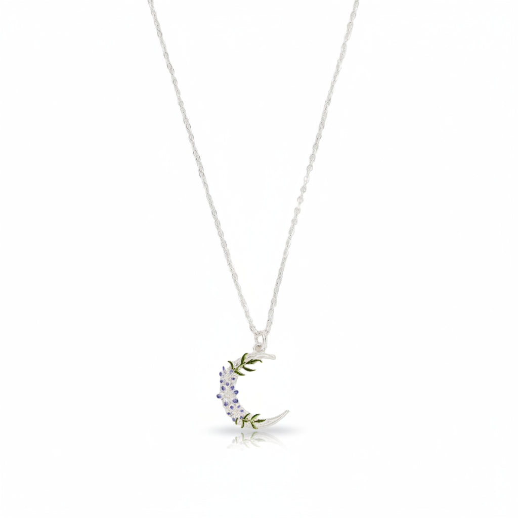 Nightshade Moon silver necklace with crescent pendant on chain, full view