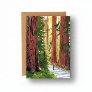 Giant Redwoods greetings card with hiker on forest path, kraft envelope on cream background
