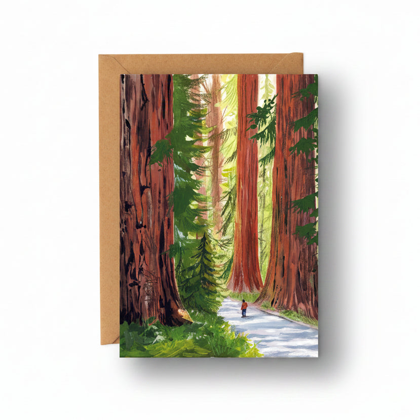 Giant Redwoods greetings card with hiker on forest path, kraft envelope on cream background